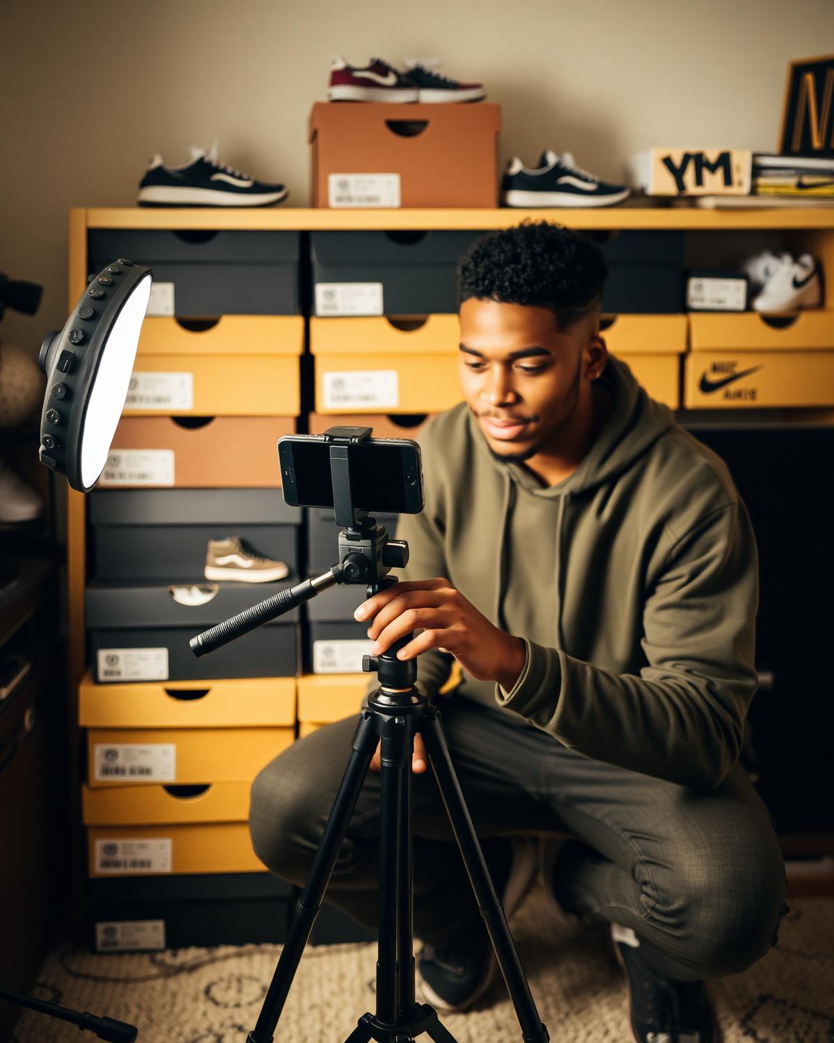 Olivo seller preparing a livestream